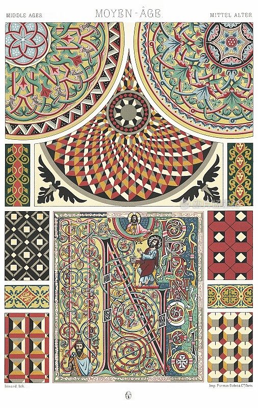 Middle Ages - Mosaics In Colored Paste and Enameled Glass - Mosaics In Marble - Painted Enamels and in Mesh on Glass – 9th to the 13th Century (12 patterns), by Color Ornament 1886.